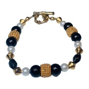 Black White Gold Pearl Beaded Bracelet 7.5”